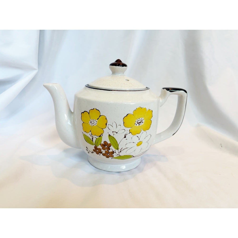 Vtg JMP Casualstone Japan Stoneware Teapot Decorated Floral Daisy Retro 1970s